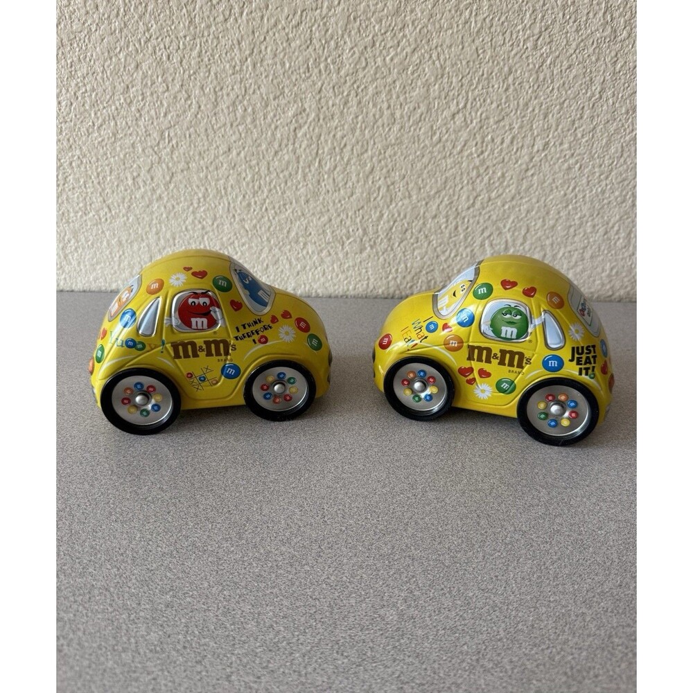 Vintage M&M’s Yellow Car Tin Lot of 2 Candy Collectible Cars 6”